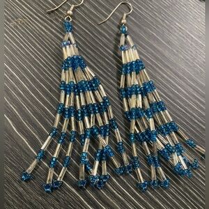Blue and Silver Beaded Earrings